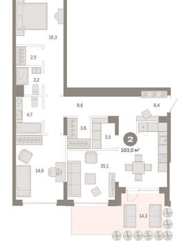 2-к квартира, вторичка, 103м2, 1/17 этаж