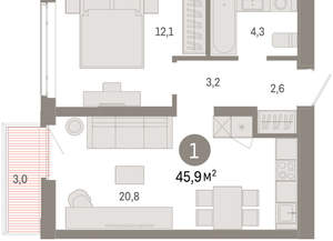 1-к квартира, вторичка, 46м2, 5/25 этаж