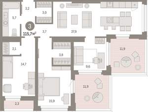 3-к квартира, вторичка, 116м2, 13/25 этаж