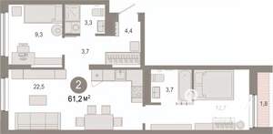 2-к квартира, вторичка, 61м2, 2/9 этаж