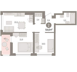 2-к квартира, вторичка, 55м2, 7/8 этаж