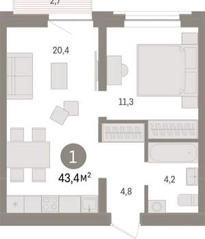 1-к квартира, вторичка, 43м2, 4/10 этаж
