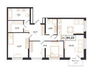 3-к квартира, строящийся дом, 84м2, 2/24 этаж
