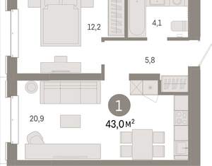 1-к квартира, вторичка, 43м2, 2/11 этаж