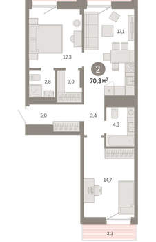 2-к квартира, сданный дом, 70м2, 5/17 этаж