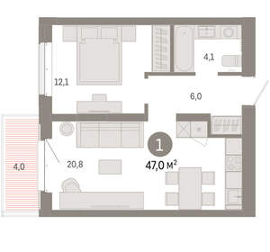 1-к квартира, вторичка, 47м2, 6/11 этаж
