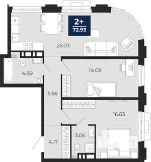 2-к квартира, вторичка, 73м2, 6/24 этаж