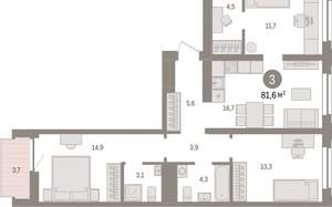 3-к квартира, вторичка, 82м2, 6/10 этаж