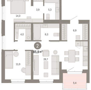 2-к квартира, вторичка, 86м2, 4/11 этаж