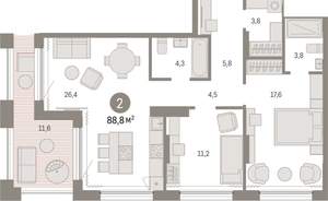 2-к квартира, вторичка, 89м2, 17/17 этаж