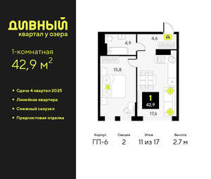 1-к квартира, вторичка, 43м2, 11/17 этаж