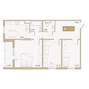 3-к квартира, строящийся дом, 75м2, 8/18 этаж