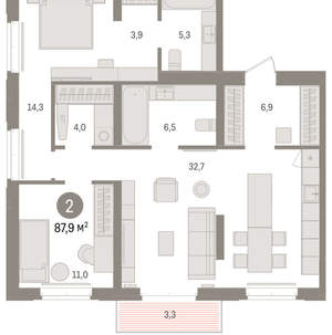 2-к квартира, вторичка, 88м2, 6/16 этаж
