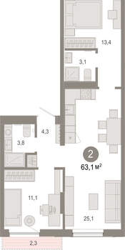 2-к квартира, вторичка, 63м2, 4/17 этаж