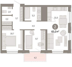 2-к квартира, вторичка, 65м2, 22/25 этаж