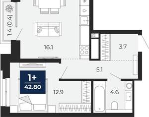 1-к квартира, вторичка, 42м2, 13/16 этаж