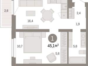 1-к квартира, вторичка, 45м2, 4/16 этаж