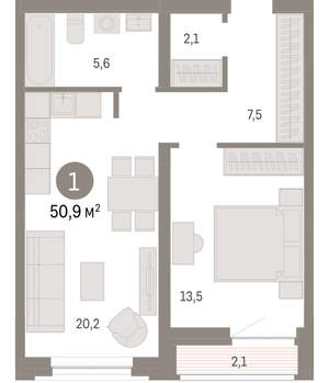 1-к квартира, вторичка, 51м2, 2/10 этаж