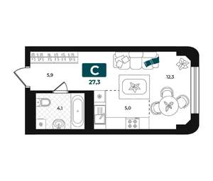 Студия квартира, строящийся дом, 27м2, 4/23 этаж