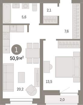 1-к квартира, вторичка, 51м2, 7/10 этаж
