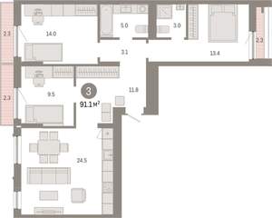 3-к квартира, вторичка, 91м2, 2/7 этаж