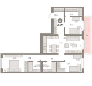 3-к квартира, вторичка, 98м2, 4/11 этаж