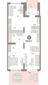 2-к квартира, вторичка, 106м2, 1/17 этаж