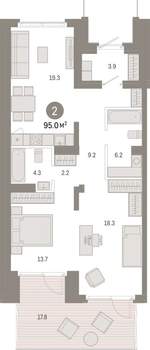 2-к квартира, вторичка, 95м2, 1/8 этаж