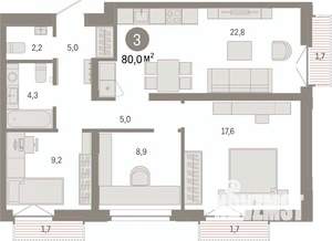 3-к квартира, вторичка, 80м2, 4/16 этаж