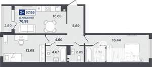2-к квартира, строящийся дом, 68м2, 4/8 этаж