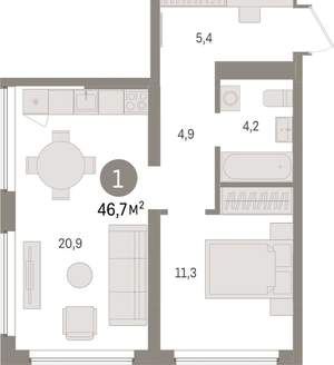1-к квартира, вторичка, 47м2, 4/9 этаж
