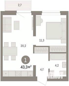 1-к квартира, вторичка, 43м2, 6/9 этаж