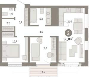 2-к квартира, вторичка, 65м2, 22/25 этаж