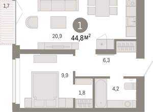1-к квартира, вторичка, 45м2, 5/16 этаж