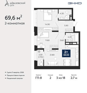 2-к квартира, вторичка, 70м2, 3/24 этаж