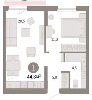 1-к квартира, вторичка, 44м2, 8/17 этаж