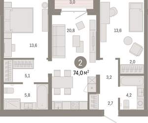 2-к квартира, вторичка, 74м2, 4/11 этаж