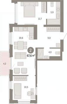 2-к квартира, вторичка, 68м2, 12/25 этаж