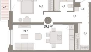 1-к квартира, вторичка, 60м2, 3/16 этаж