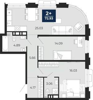 2-к квартира, вторичка, 73м2, 8/24 этаж