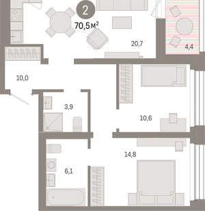 2-к квартира, вторичка, 70м2, 7/8 этаж