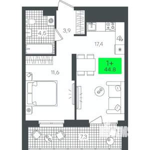 1-к квартира, строящийся дом, 45м2, 11/17 этаж