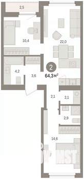 2-к квартира, вторичка, 64м2, 7/8 этаж