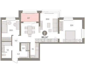 2-к квартира, вторичка, 80м2, 3/16 этаж