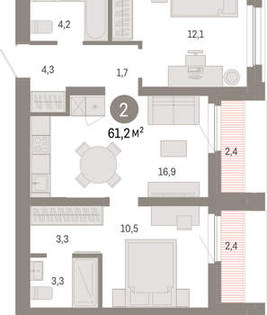 2-к квартира, вторичка, 61м2, 8/16 этаж