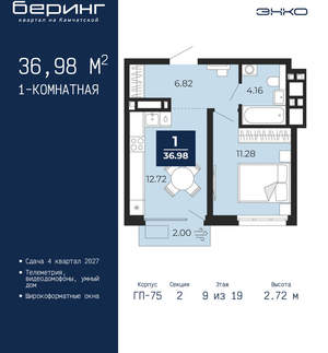 1-к квартира, вторичка, 37м2, 9/24 этаж