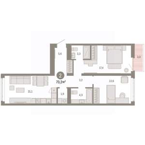 2-к квартира, вторичка, 73м2, 5/9 этаж