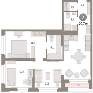 2-к квартира, вторичка, 71м2, 5/25 этаж