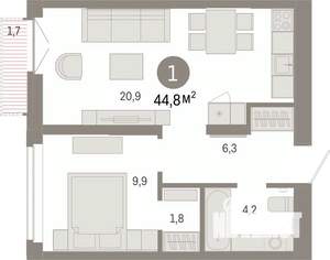 1-к квартира, вторичка, 45м2, 7/7 этаж