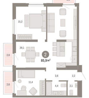 2-к квартира, вторичка, 86м2, 13/16 этаж